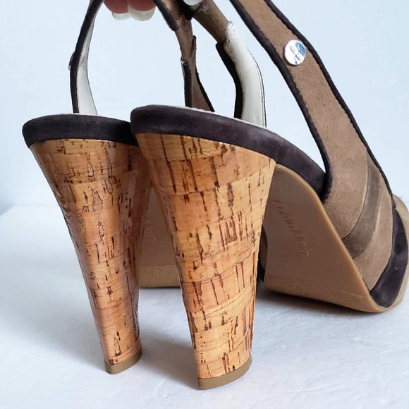 New CALVIN KLEIN Gracie Leather Striped Platform Peep Toe Heels Sandals - Picture 6 of 12